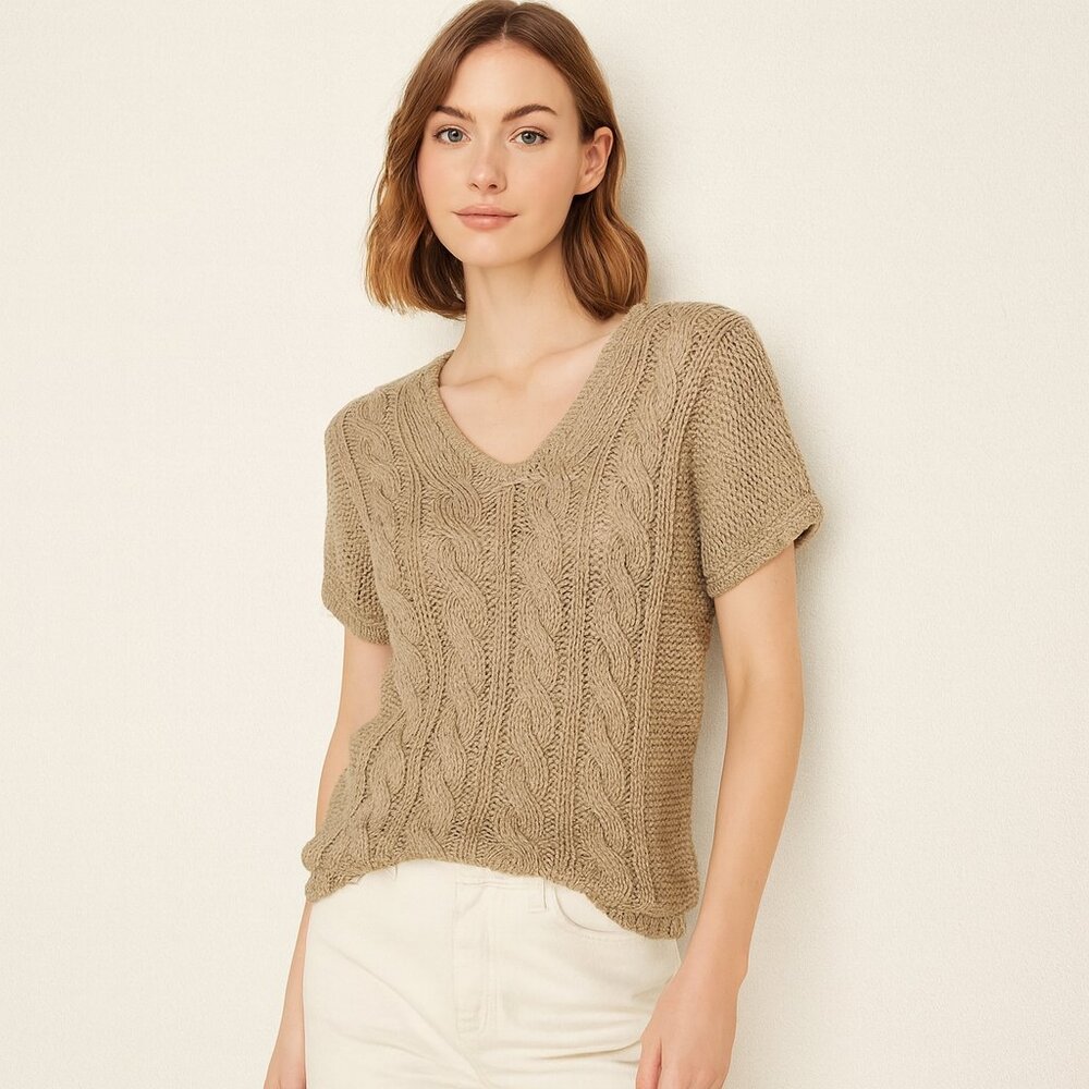 Tommy Bahama Tan Cable Knit Short Sleeve Sweater Top Neutral Resortwear Beachy S